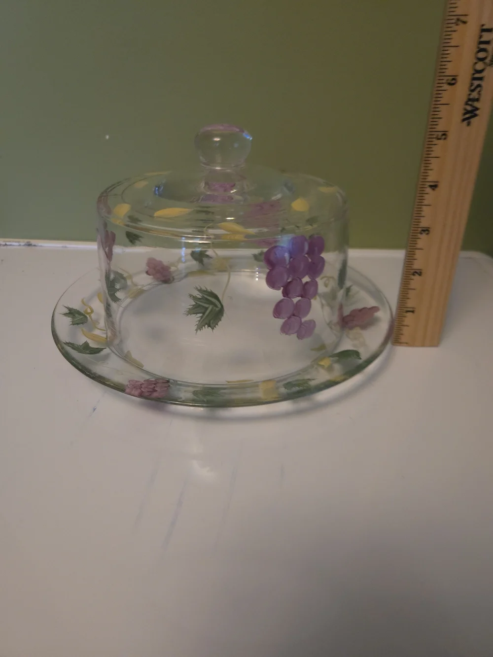 Home Essentials Glass Cheese/Cake Dome Set, Hand Painted Grapes & Vine Motif